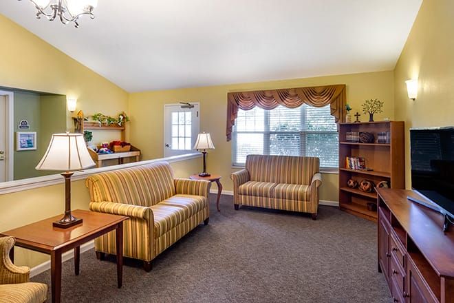 Interior view of Brookdale Valparaiso senior living community featuring modern decor and amenities.