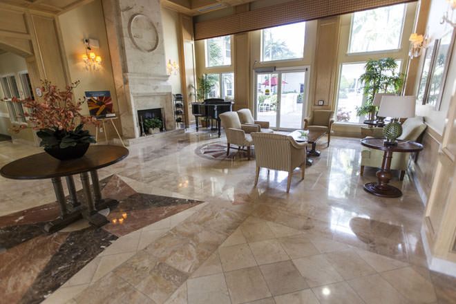 Interior view of Brookdale Deer Creek senior living community featuring modern decor and architecture.