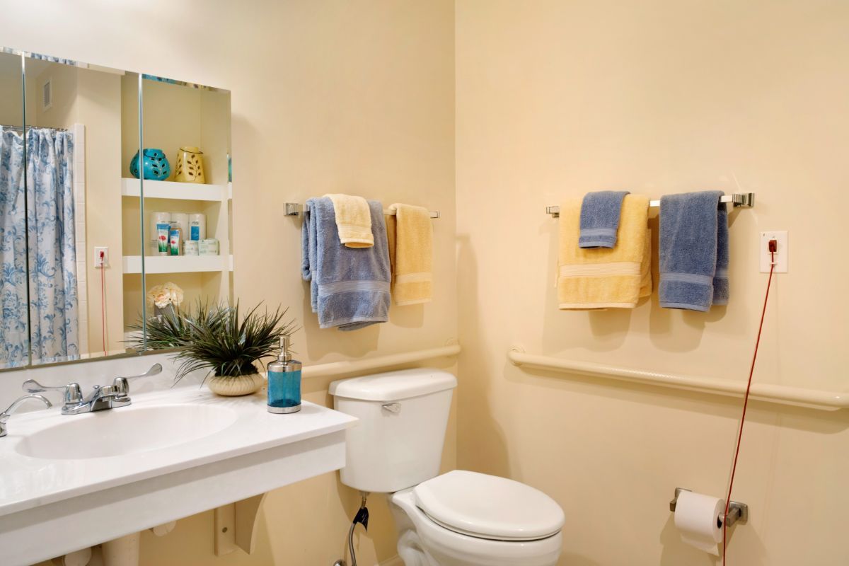 Interior view of a bathroom in Sunrise of Randolph senior living community with sink, toilet, and plant.