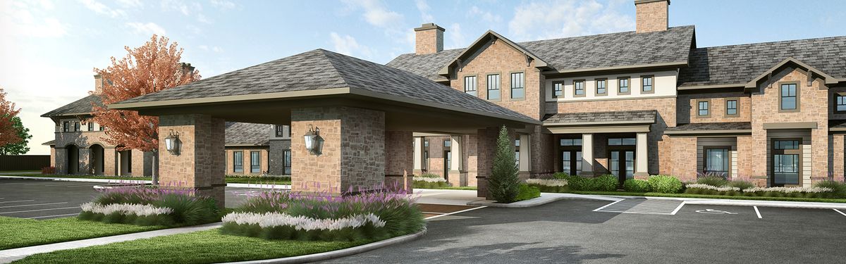 Senior living community, The Lodge at Pine Creek, featuring suburban architecture and greenery.