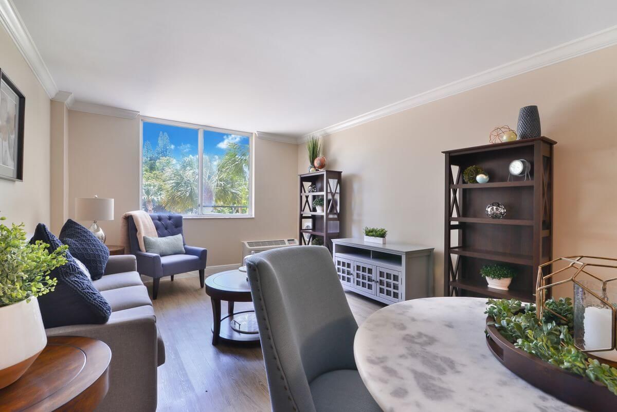 Senior living community interior featuring modern architecture, furniture and home decor.