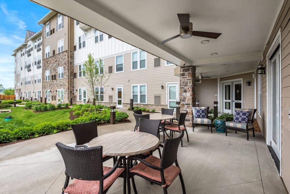 Senior living community Clayton View featuring residents, modern furniture, appliances, and architecture.