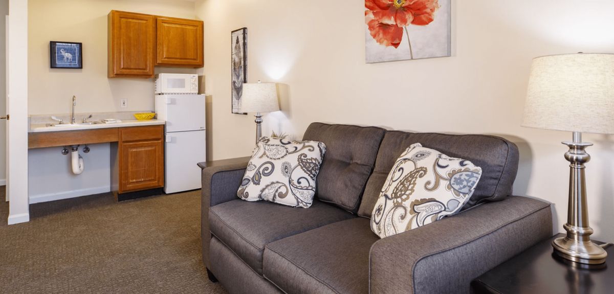 Interior view of Homestead of Shawnee senior living community featuring modern appliances and decor.