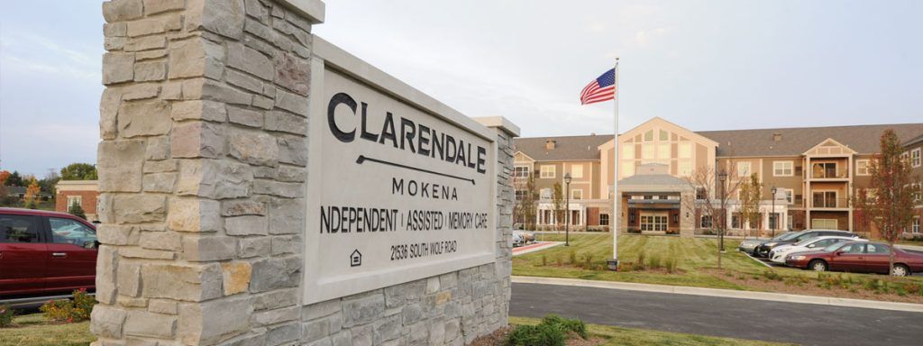 Cityscape view of Clarendale of Mokena senior living community with urban architecture.