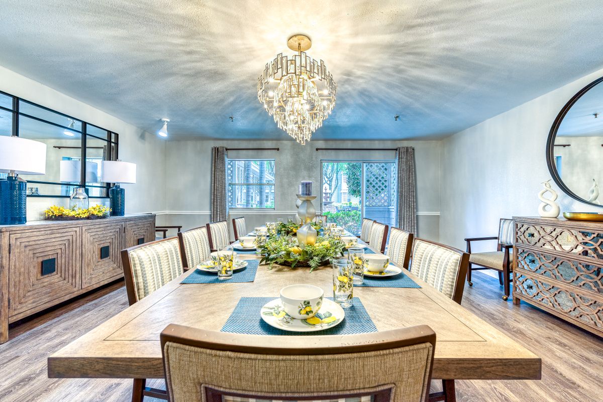Interior view of The Meridian At Lantana senior living community featuring elegant dining room decor.