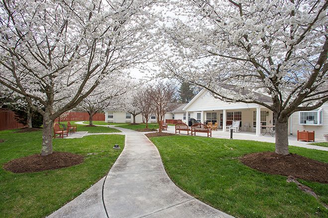 Pathway through Brookdale Roanoke senior living community with lush garden and outdoor furniture.