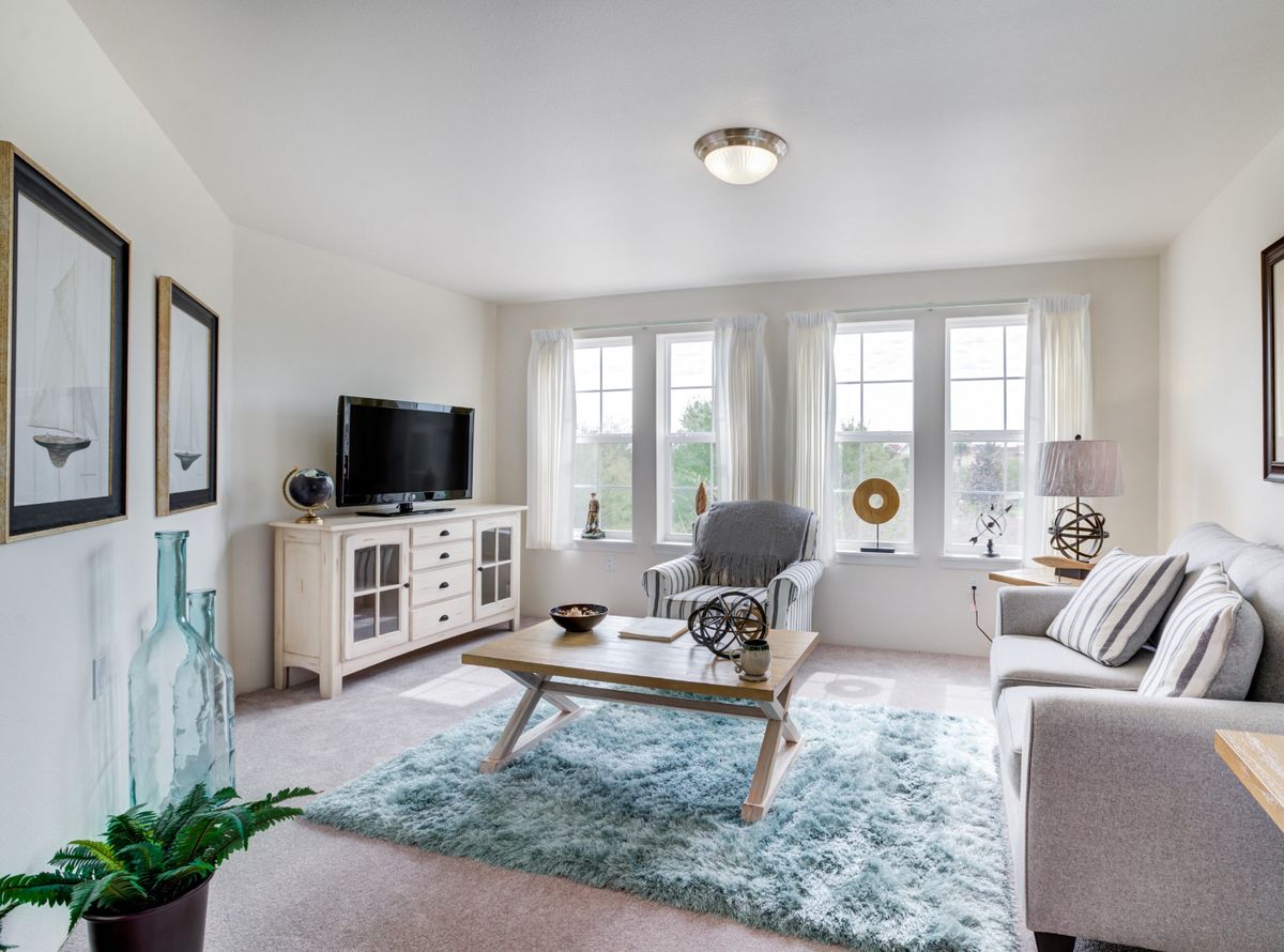 Senior living room at El Dorado Estates with modern furniture, electronics, and indoor plants.