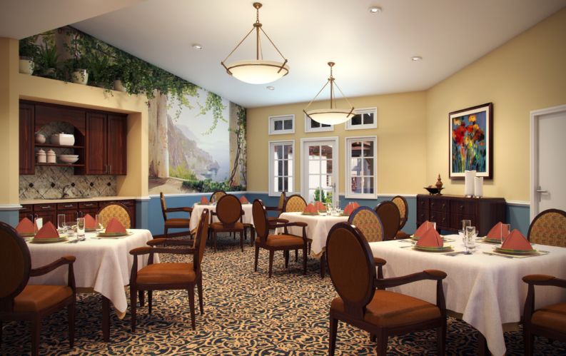 Interior view of Activcare Laguna Hills senior living community featuring dining area and reception room.