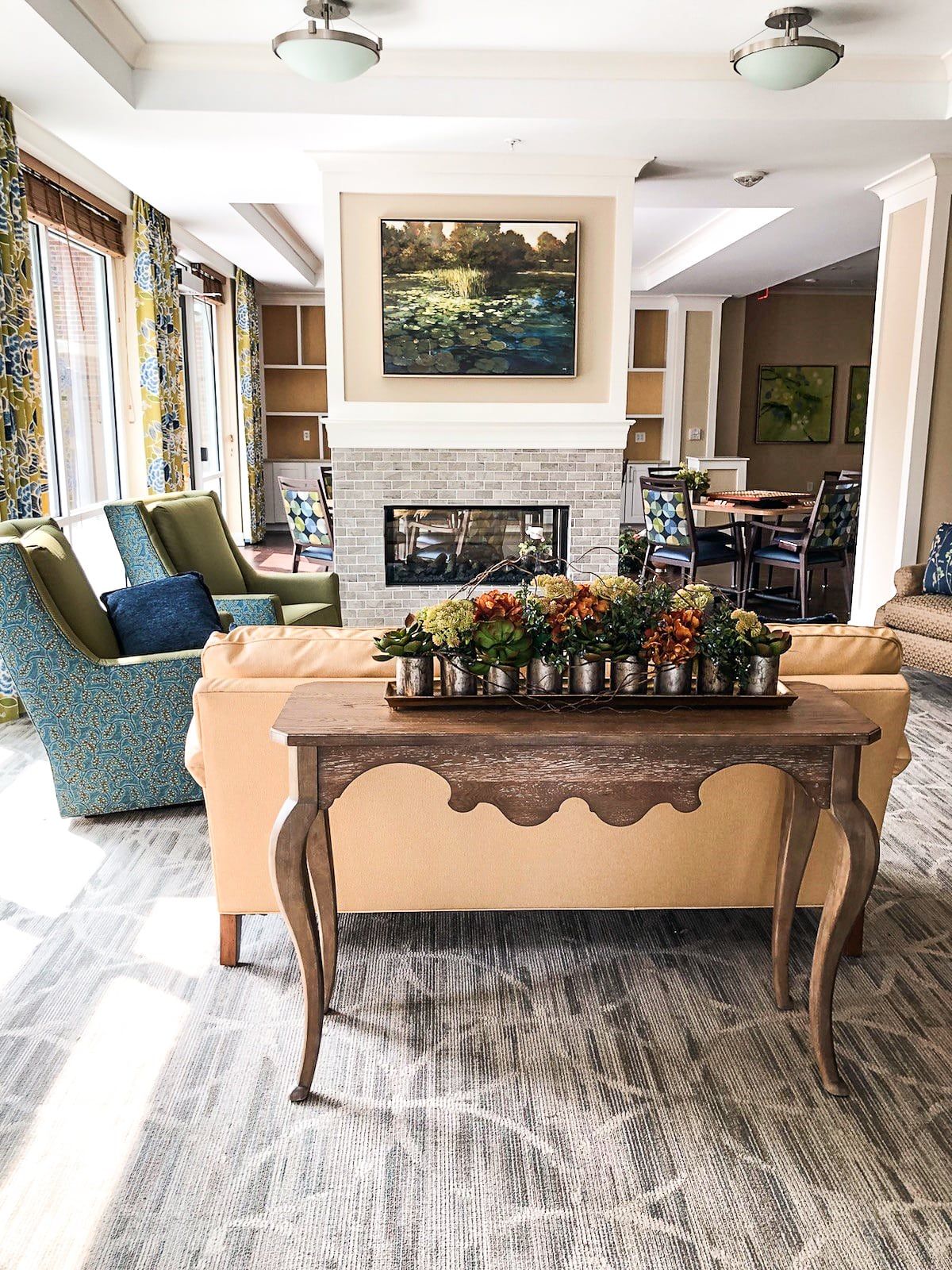 Interior view of Maple Heights Senior Living community featuring modern furniture and design.