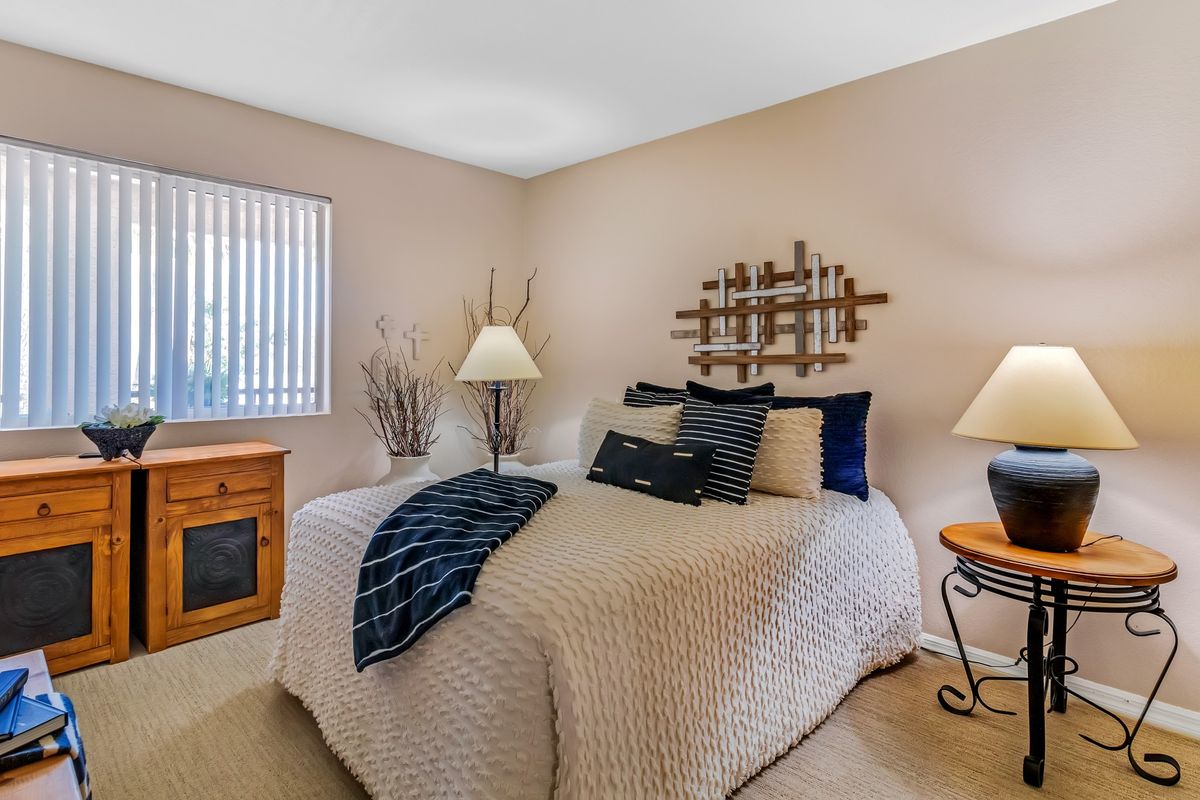 Interior design of a bedroom at The Ranch Estates senior living community in Scottsdale.