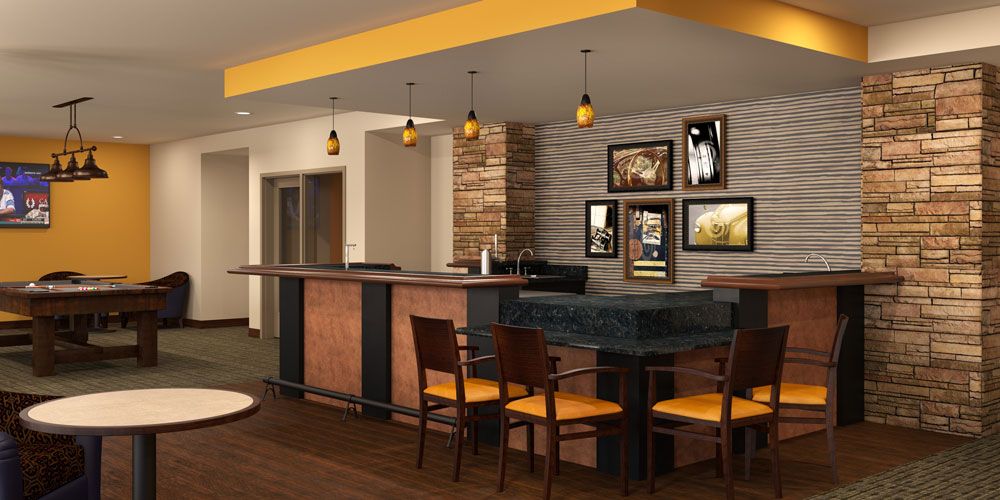 Interior view of Clarendale of Mokena senior living community featuring dining and kitchen area.