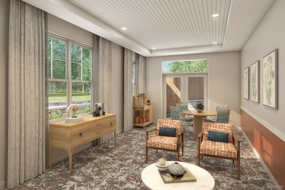 Interior view of Anthology of Natick senior living community featuring modern decor and furniture.