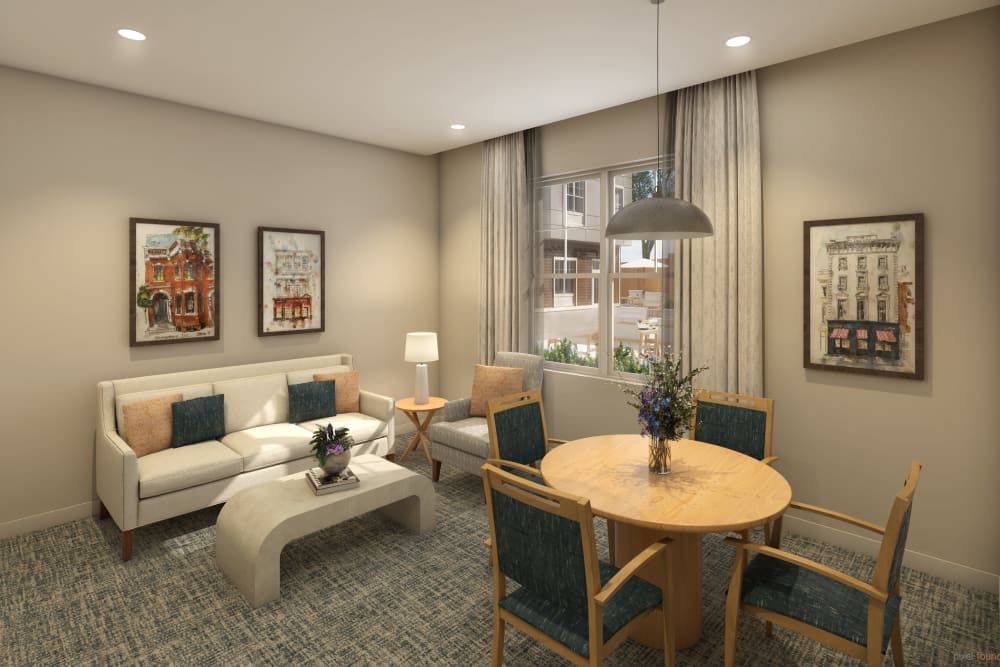 Senior living community in Natick with elegant home decor, furniture, and art in a cozy living room.
