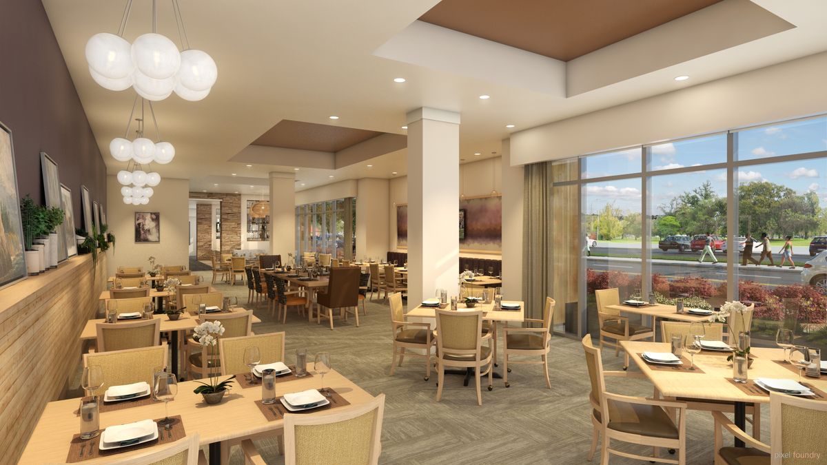 Senior living community in Edmonds featuring dining area, lounge, art, and transportation facilities.
