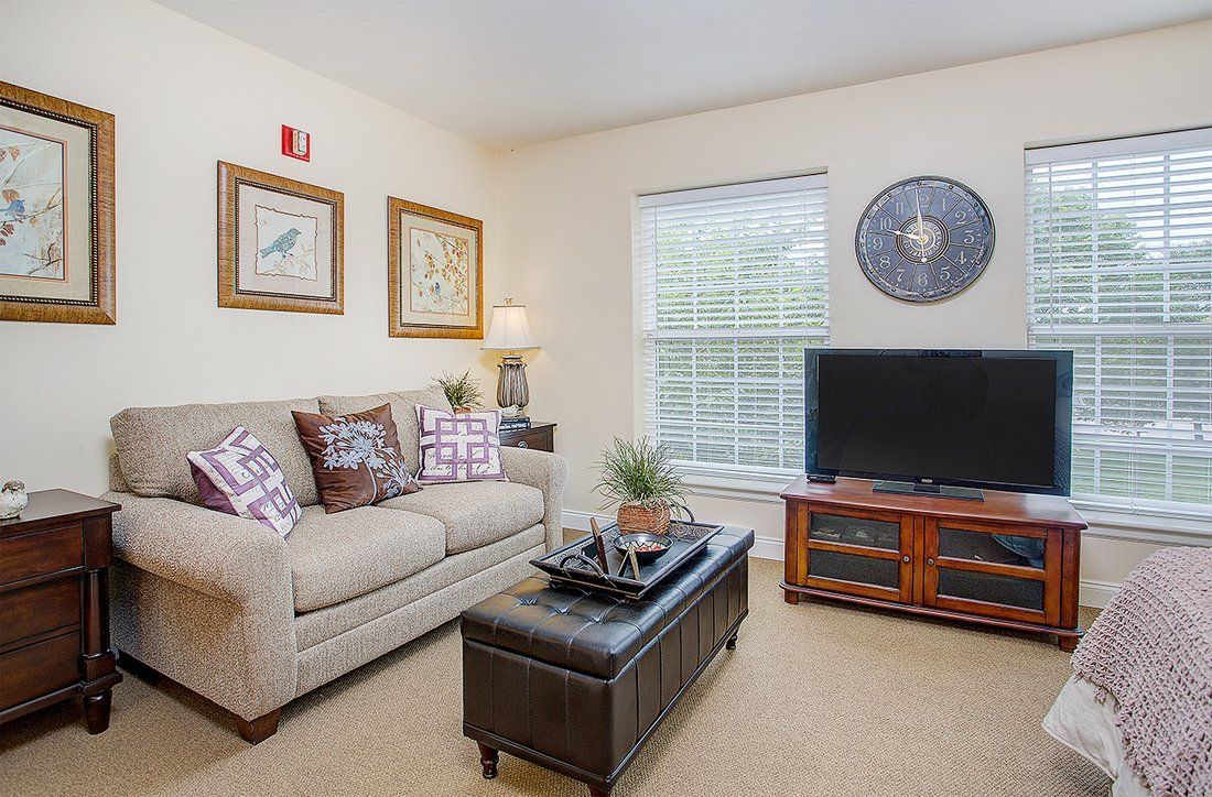 Senior living room at Brighton Gardens of Brentwood with modern decor, electronics, and art.