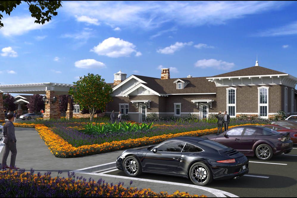 Senior living community in North Tustin, Clearwater with residents, cars, and modern architecture.