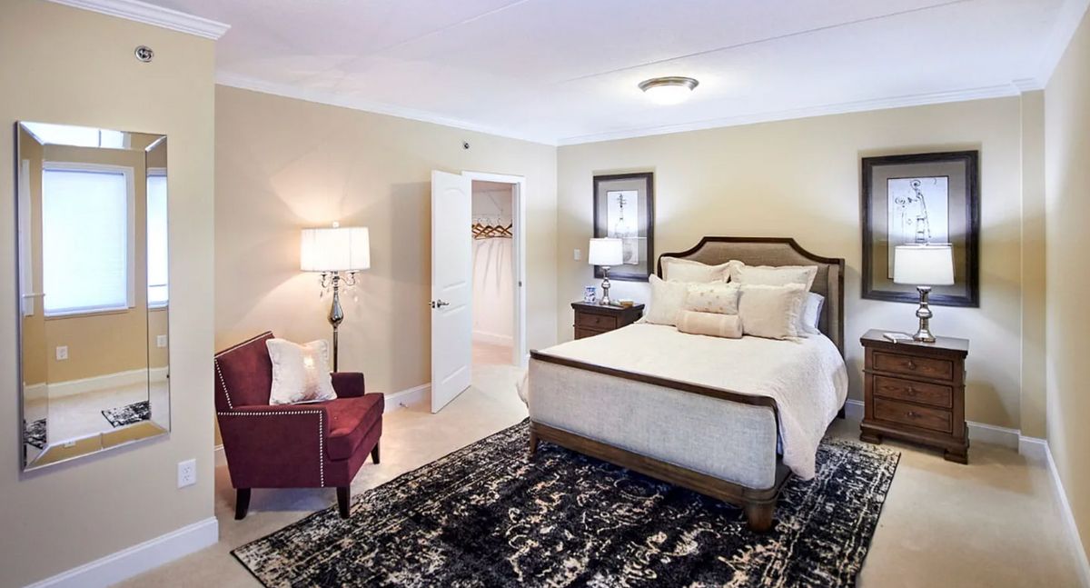 Corner view of a furnished bedroom at Alexian Village of Tennessee senior living community.