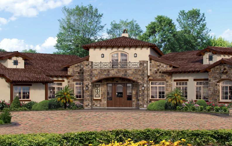 Architectural view of Activcare Laguna Hills senior living villa with a tile roof and walkway.