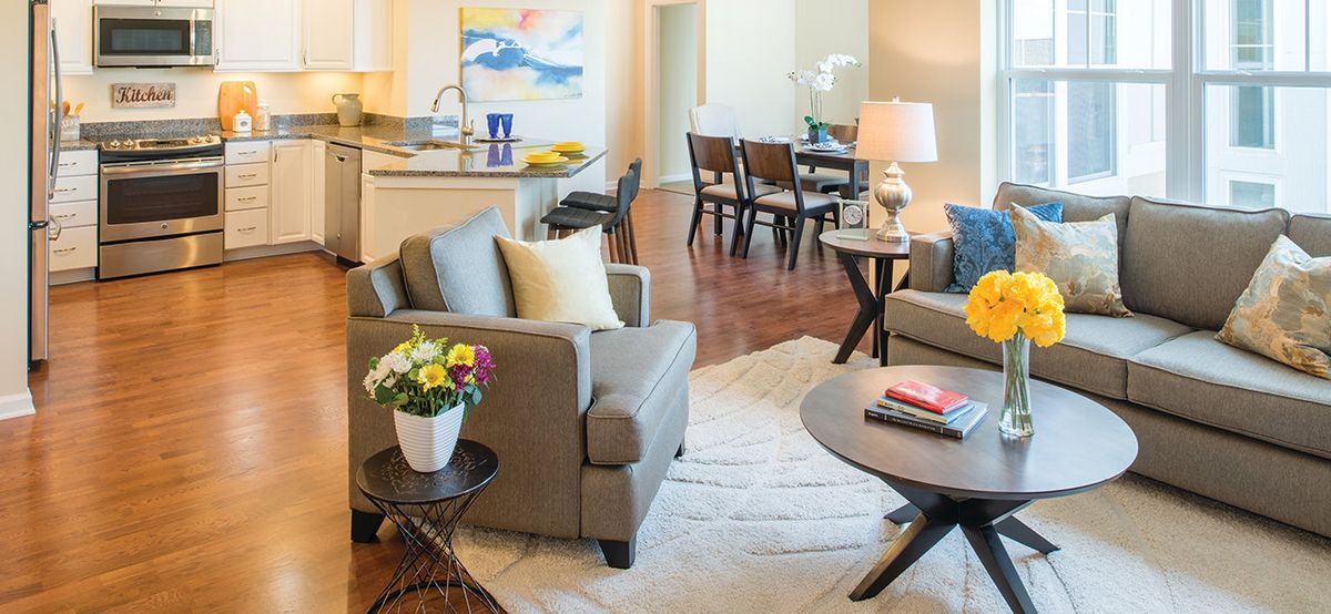 Senior living community interior at Lantern Hill featuring cozy decor, furniture, and appliances.