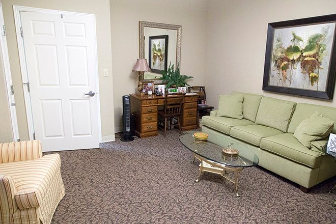 Interior view of Brookdale Chenal Heights senior living community featuring modern decor and furniture.