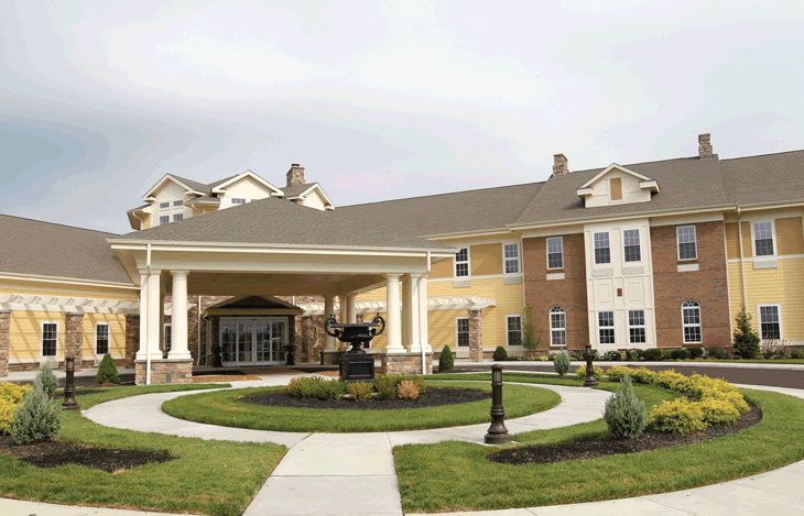 Senior living community in Florence with architectural buildings, houses, portico in a suburban setting.