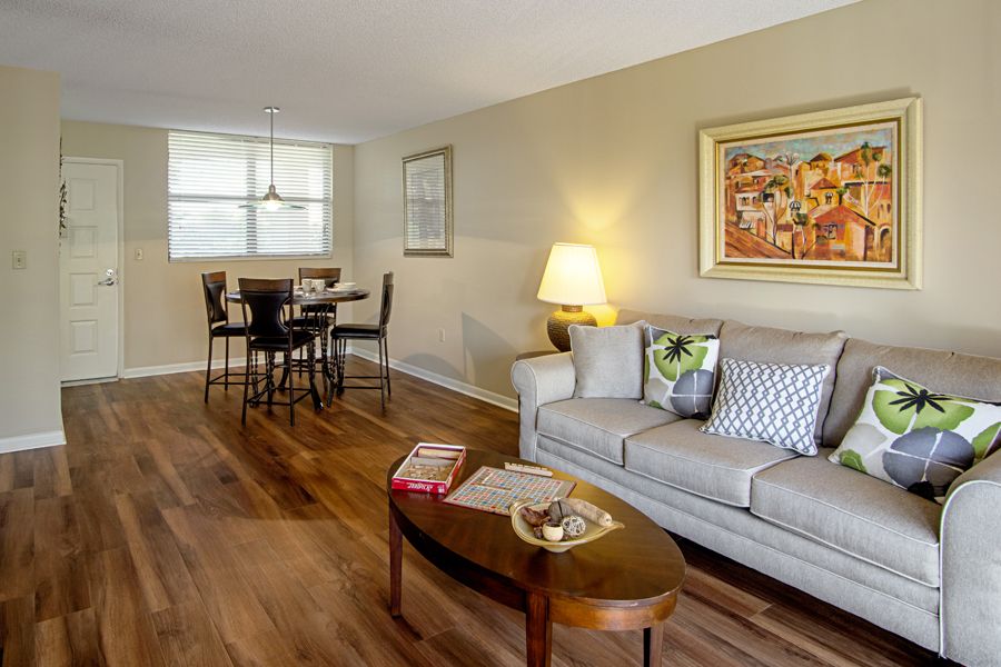 Interior view of Elison Independent Living in Lake Worth, featuring hardwood floors and tasteful home decor.