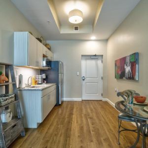 Senior living community kitchen with hardwood flooring, modern appliances, and dining area at Discovery Village At Westchase.