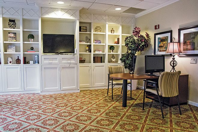 Interior view of Brookdale Orland Park senior living community featuring modern furniture and decor.