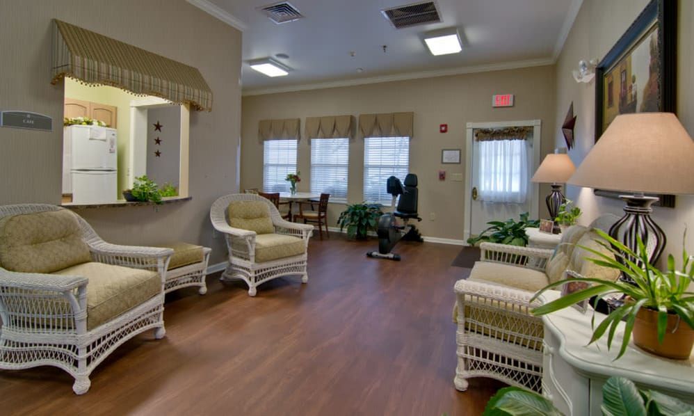 Senior living community interior at Park View Meadows featuring modern architecture and decor.