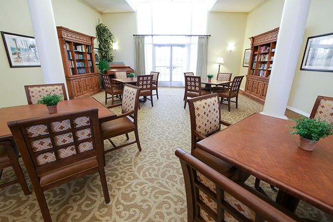 Interior view of Brookdale St. Augustine senior living community featuring elegant dining and reception rooms.