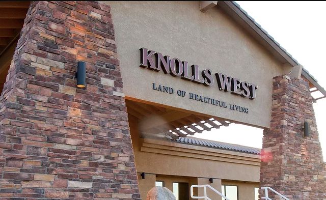 Exterior and interior views of Knolls West Assisted Living, a modern urban senior community.