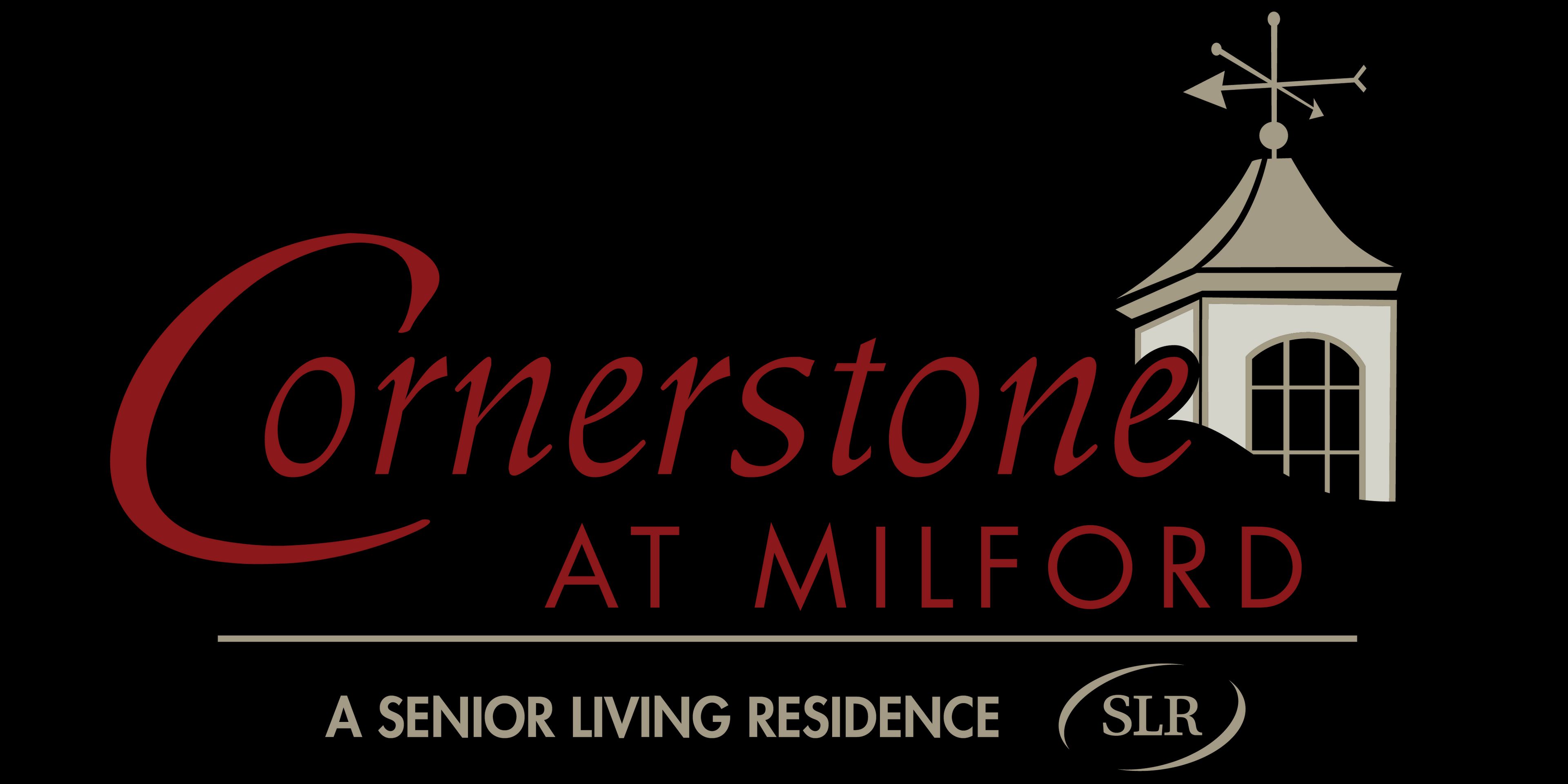 Exterior view of Cornerstone at Milford senior living community with logo symbol.
