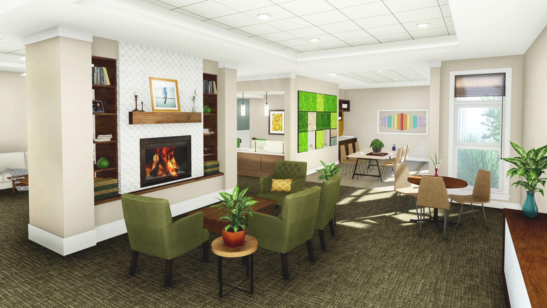 Interior view of Tiffany Springs Senior Living with elegant decor, fireplace, and dining area.