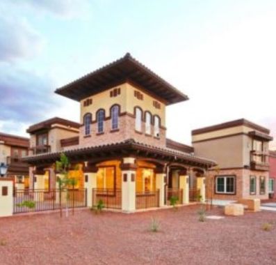 Senior living community, The Heritage at Hunters Chase, showcasing its villa-style architecture.