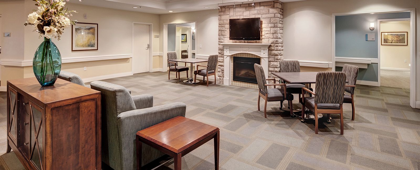 Senior living community interior at Lakeview Village featuring modern architecture and decor.