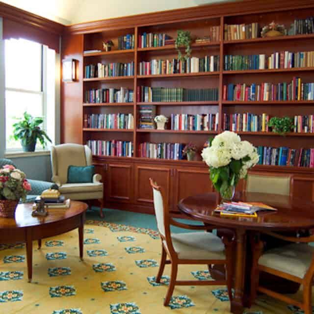 Senior living community library at Neville Place Assisted Living, Cambridge, MA.