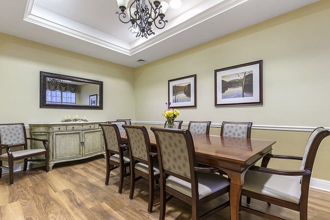 Interior view of Brookdale Germantown senior living community featuring dining room with elegant furniture and decor.