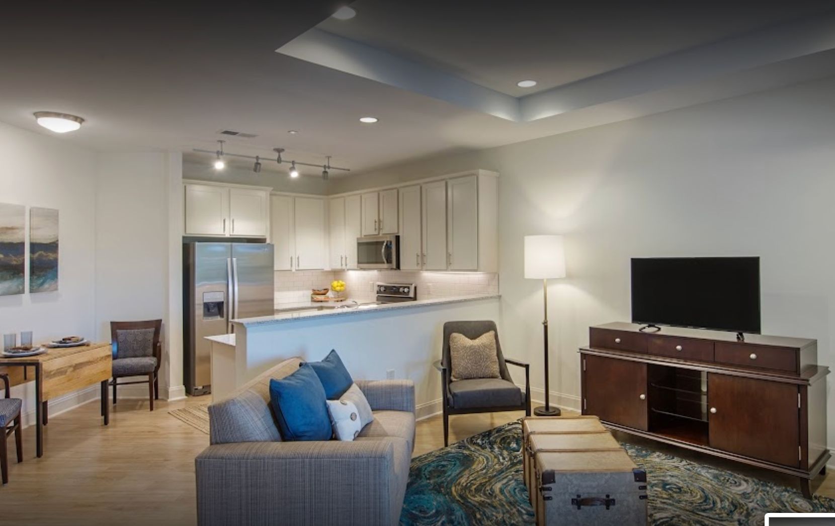 Interior view of Somerby Franklin senior living room with modern decor and appliances.