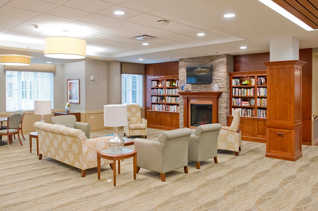 Interior view of Lutheran Home, a senior living community featuring a library and modern amenities.