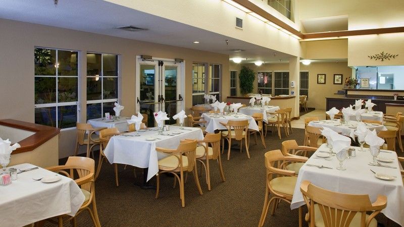 Seniors enjoying dining area with art, plants, and modern amenities at Carlton Senior Living Concord.
