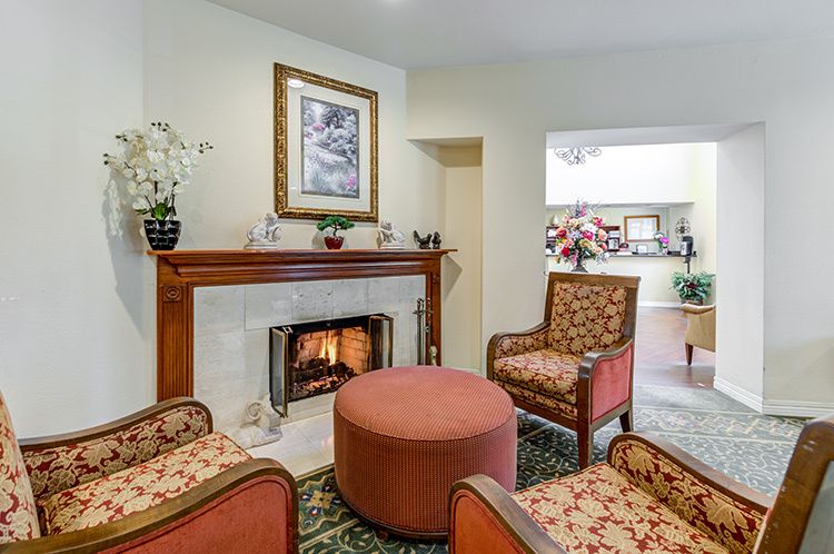 Interior view of Park Plaza senior living room with stylish decor, furniture, and a cozy fireplace.