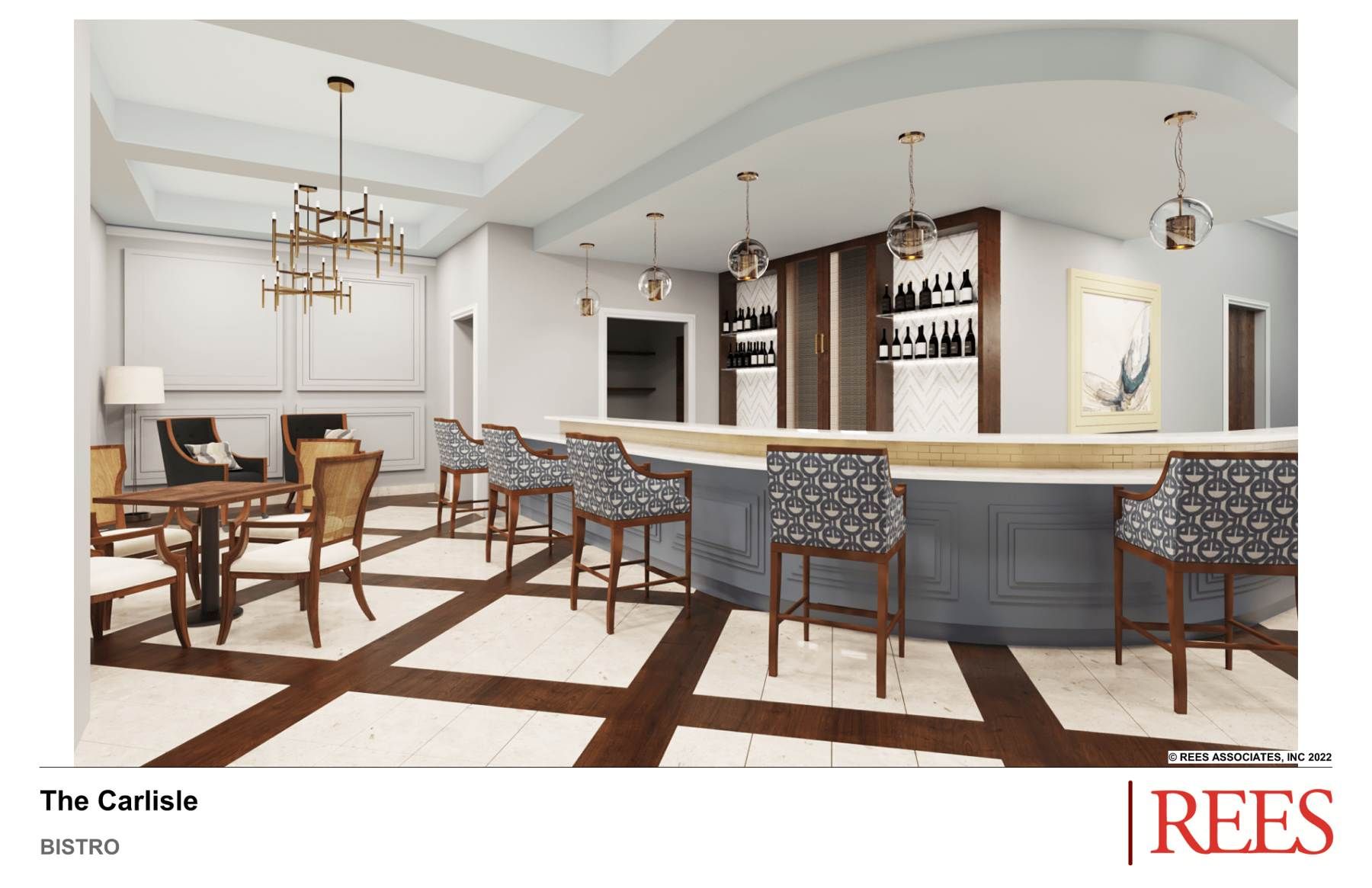 Interior view of The Carlisle Palm Beach senior living community featuring dining and living areas.