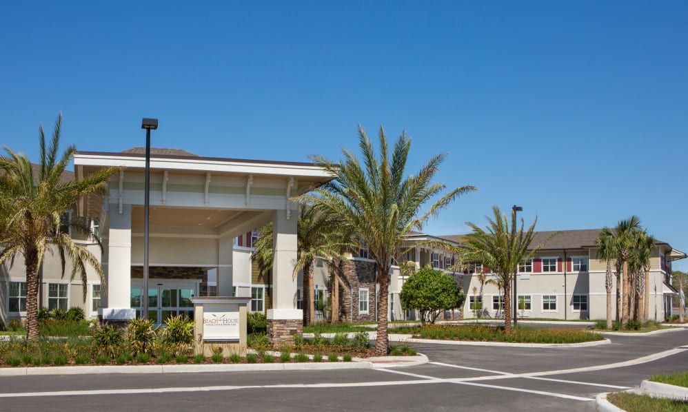 Senior living community, Beach House at Wiregrass Ranch, featuring modern architecture and condos.