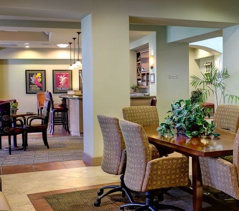 Interior view of The Village at Ocotillo senior living community featuring modern architecture and decor.