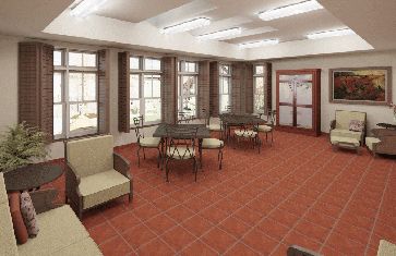 Senior living community reception room at Terra Vista of Oakbrook Terrace with modern decor.