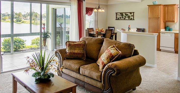 Interior view of Water's Edge senior living community in Lake Wales, featuring modern decor and furniture.