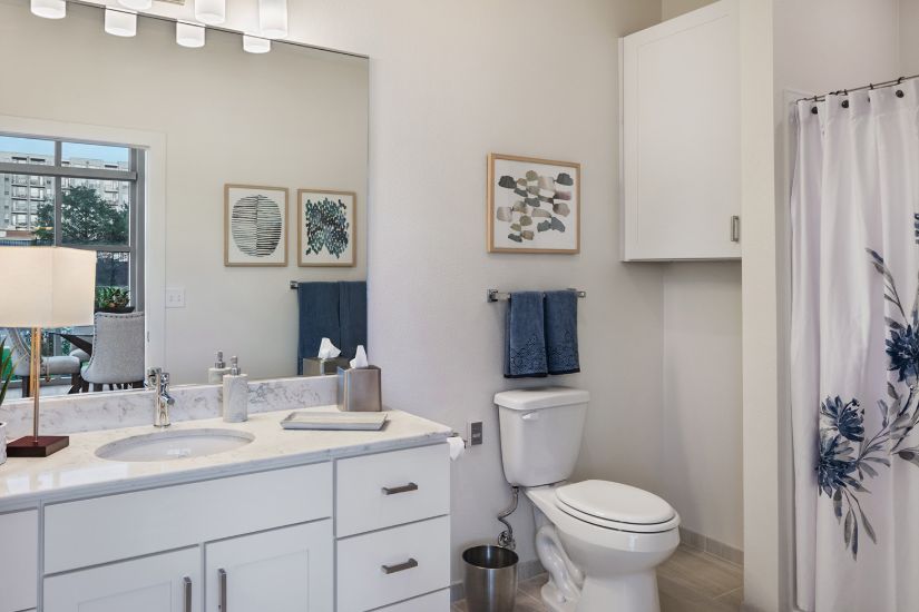 Senior living bathroom interior at The Village at The Triangle, featuring sink, toilet, and chair.