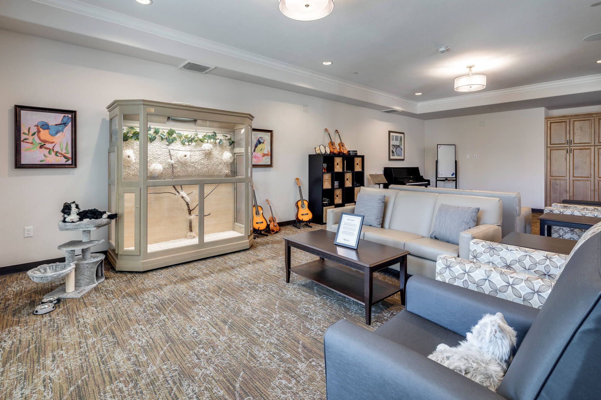 Senior living community at Laurel Heights featuring elegant decor, furniture, pet-friendly living room with a guitar.