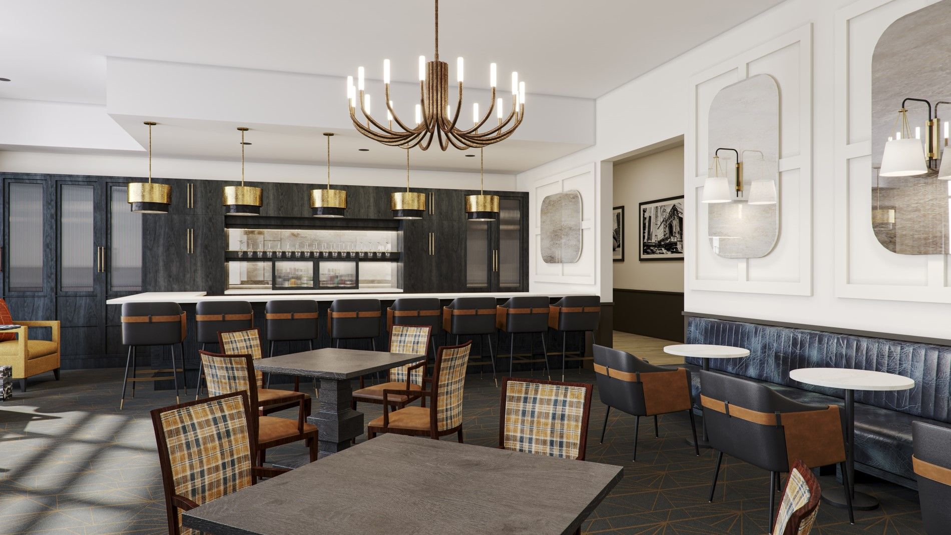 Interior view of Oak Park senior living community featuring dining room with elegant furniture and design.