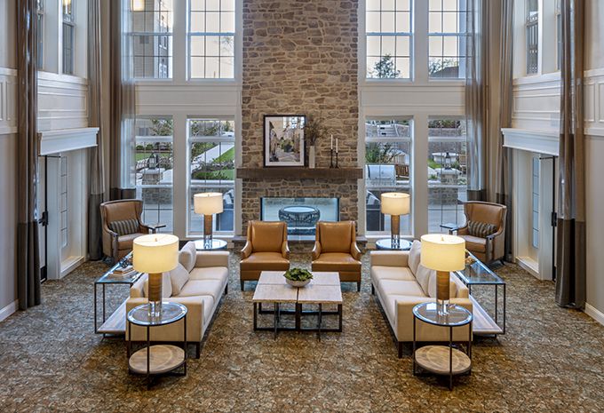 Interior view of Brightview Columbia senior living community featuring stylish furniture and decor.